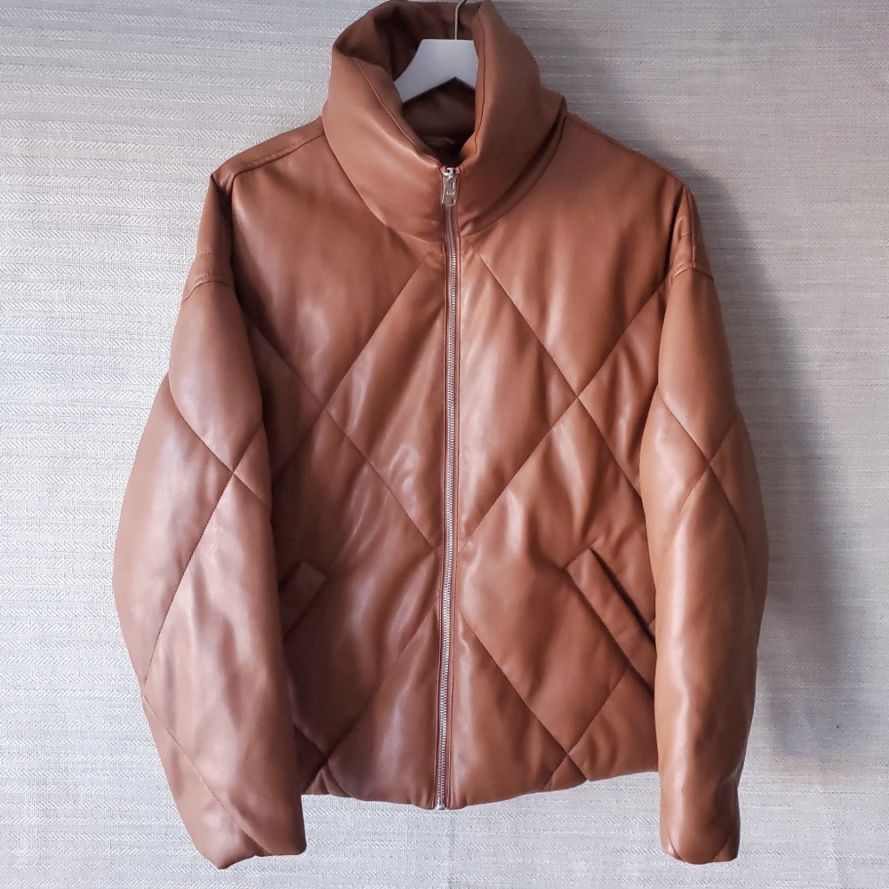 Abercrombie & Fitch Quilted Leather-Look Puffer Jacket in Warm Cognac